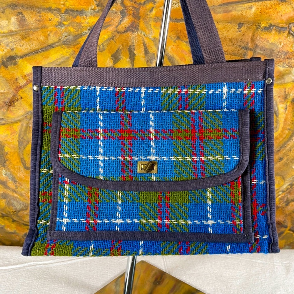 Vintage Tartan Plaid Schoolbag Tote Shopper Satchel Twist Lock Envelope Pocket